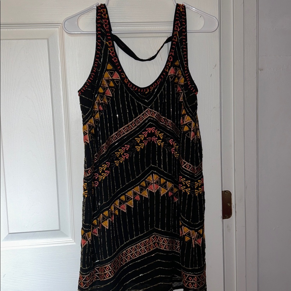 Free People Size XS Boho Embroidered Black Tank Dress with Geometric Accents - Picture 2 of 6